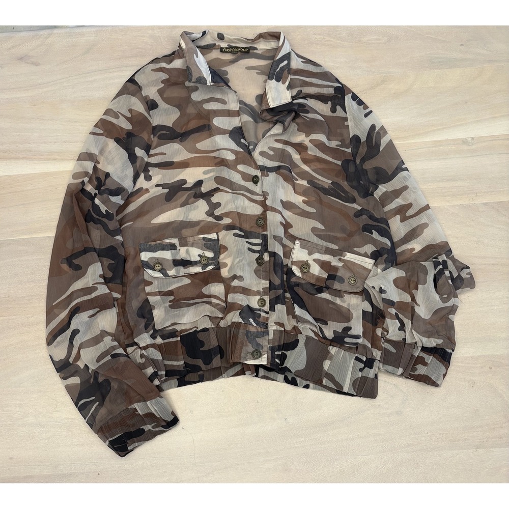 Fashionline Couture Sheer Camo Button Up Blouse Chiffon Camouflage Shirt Size 2